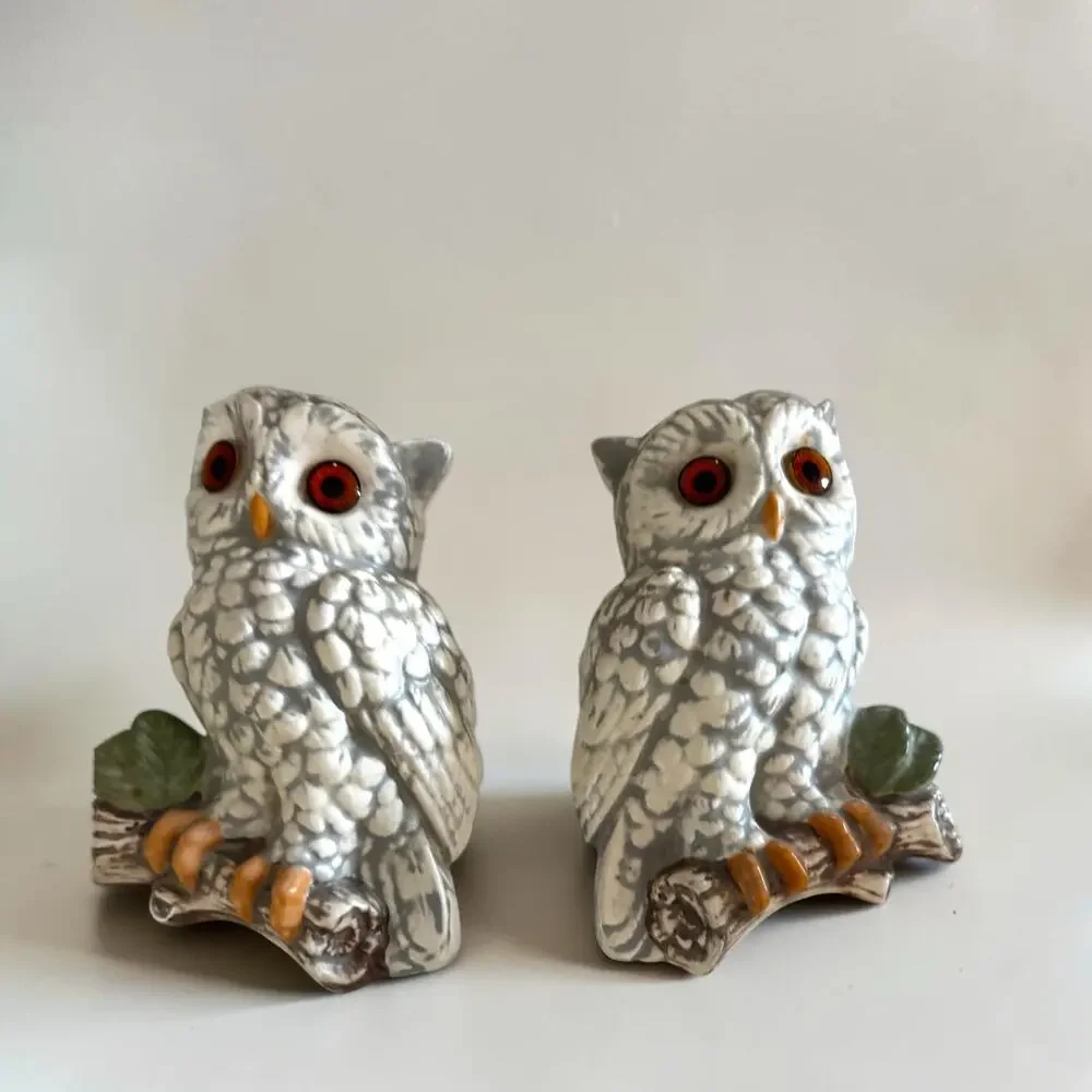 Vintage Ceramic Owl Wall Plaques Pair | Orange Amber Eyes | Mid Century Woodland